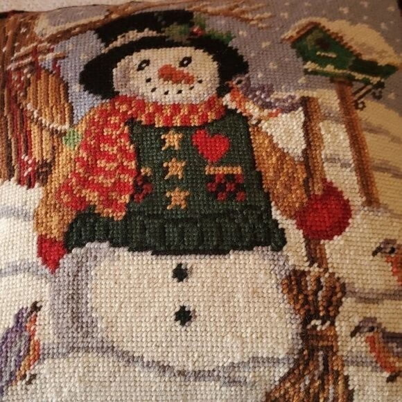 Holiday Cross Stitch Snowman with Birds Zippered ~14"x14"x3" Pillow - Picture 3 of 8
